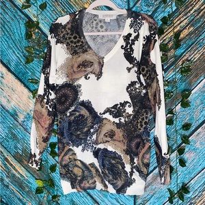 American Glamour White & Brown Paisley Long Sleeve V Neck Blouse
